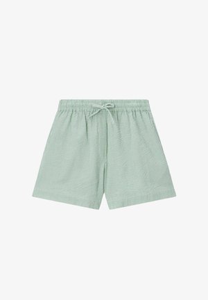 Shorts en coton rayés vert clair et blanc avec taille élastique et cordon à l’avant, posés à plat sur fond blanc.