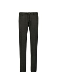 Dark gray, relaxed-fit trousers made of soft fabric, featuring a drawstring waist, a single button closure, and straight leg design.