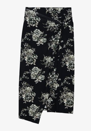 Musthave mustripsiline mustreeritud seelik mustade lilledega, kreemjate ja roheliste botaaniliste mustritega, pehmest kangast, põlvekohale ulatuv, millel on stiilne külg sõlm detail.