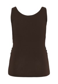 Débardeur moulant sans manches de couleur marron foncé avec un col rond, présenté sur un fond blanc uni.