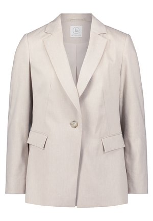 Lys beige vævet blazer med en enkelt knaplukning, klippet krave og to forreste klaplommer. Struktureret stof med en subtil glans.