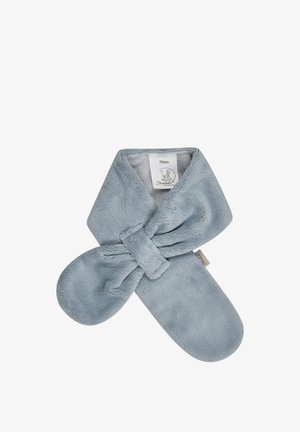 Soft light blue baby scarf with a loop for fastening and a label showing size 70 centimeters and brand name.