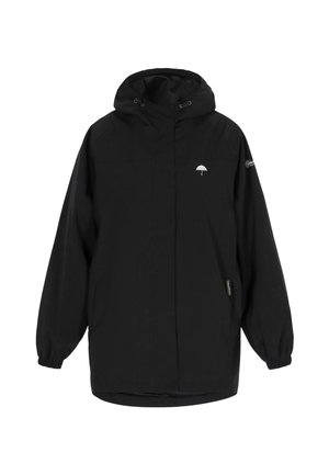 Czarna wodoodporna kurtka z kapturem, elastycznymi mankietami, luźnym krojem, z logo na piersi i rękawie. Gładka tekstura.