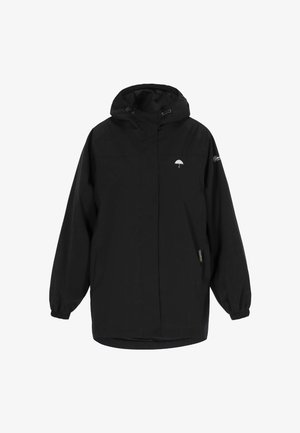 Czarna wodoodporna kurtka z kapturem, elastycznymi mankietami, luźnym krojem, z logo na piersi i rękawie. Gładka tekstura.