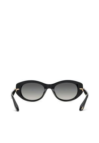 Lunettes de soleil rectangulaires noires avec verres foncés dégradés et accents dorés subtils sur les charnières et les branches.