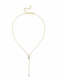 Collier en or avec une chaîne fine, présentant un pendentif en forme d'étoile et deux pendentifs suspendus à des longueurs différentes. La chaîne comprend un fermoir réglable.