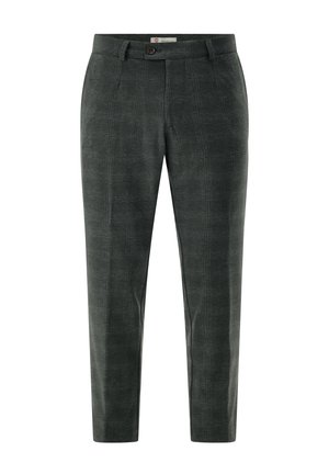 Gray plaid trousers made of textured fabric with a button closure and a sleek, tapered fit. Features subtle check patterns.