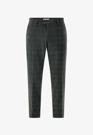 Gray plaid trousers made of textured fabric with a button closure and a sleek, tapered fit. Features subtle check patterns.