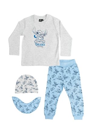 Children's clothing set with gray long-sleeve top featuring Stitch and "Ohana means family," blue pants, hat, and bib with Stitch patterns.