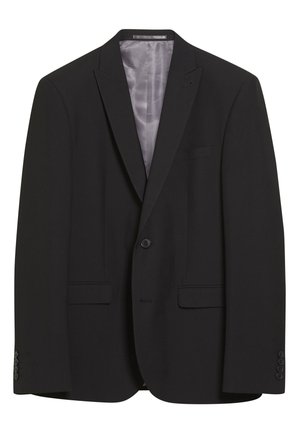 Schwarzer Blazer aus glattem Stoff. Mit Reverskragen, einem Knopfverschluss, zwei Fronttaschen und vier Knopfakzenten an jedem Ärmel.
