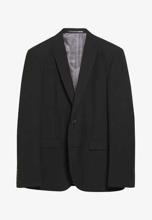 Sort blazer lavet af glat stof. Har et klapkrave, enkelt knaplukning, to forbore lommer og fire knapdetaljer på hver ærme.