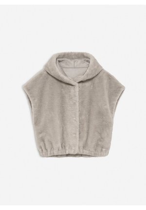 Gilet in pelliccia sintetica di colore grigio chiaro, con colletto sciallato, maniche corte, orlo elastico e una consistenza morbida e pelosa.