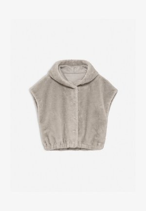 Faux-Fur-Weste in Hellgrau mit Schalkragen, kurzen Ärmeln, elastischem Saum und weicher, plüschiger Textur.