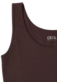 Débardeur marron sans manches avec col rond et logo blanc "CECIL ESSENTIALS" sur le haut de la poitrine.