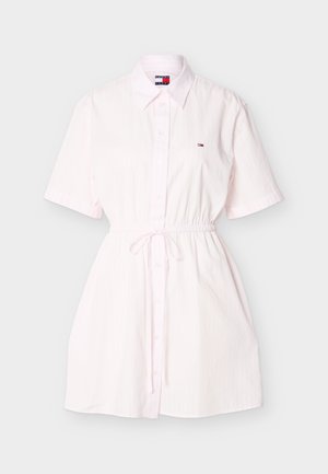 Light pink short-sleeve button-up dress with collar, cinched waist tie, and small embroidered flag logo on left chest.