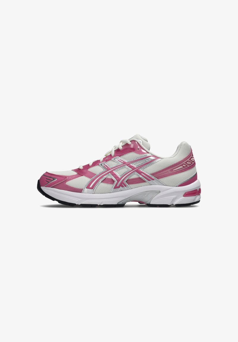 White and pink running shoe with mesh upper, cushioned sole, and branded side stripes, shown from the lateral side.