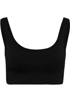 Senza cuciture, reggiseno nero con spalline larghe e scollatura arrotondata. Tessuto liscio e fascia elastica nella parte inferior per una vestibilità e comfort ottimali.