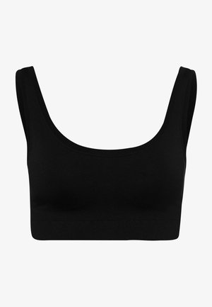 Schwarzer nahtloser BH mit breiten Trägern und rundem Ausschnitt. Glatte Textur und elastisches Band am unteren Rand für Passform und Komfort.