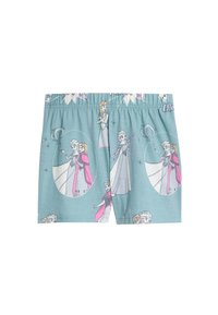 Pantalones cortos azules de algodón con un diseño impreso que incluye personajes de una película, con ilustraciones redondas y colores variados.