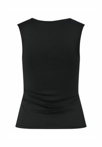 Top senza maniche nero, realizzato in un tessuto morbido ed elastico con un design aderente e una texture arricciata in vita. Scollatura liscia.