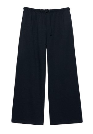 Czarne spodnie o szerokich nogawkach z elastycznym pasem i sznurkiem, wykonane z miękkiego materiału do noszenia na co dzień.