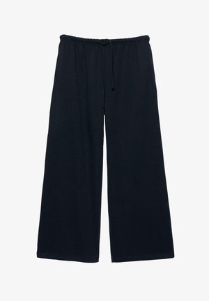 Pantalon large noir avec taille élastique et cordon de serrage, en tissu doux pour un usage décontracté.