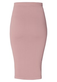 Randig penkjol i mjuk rosa, med hög midja och figursydd silhuett, tillverkad av elastisk tyg för komfort och lätthet.