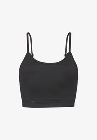 Sujeción deportiva negra con tirantes delgados ajustables, fabricada en un tejido suave y elástico, con un diseño simple y corte a media longitud.