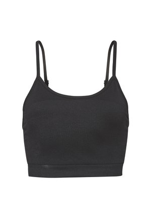 Soutien-gorge de sport noir avec des bretelles fines et réglables, fabriqué en tissu lisse et extensible, présentant un design simple et une coupe mi-longue.