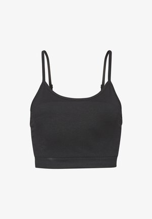 Crni sportski grudnjak s tankim podesivim trakama, izrađen od glatkog, rastezljivog materijala, s jednostavnim dizajnom i srednjom dužinom.