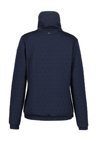 Veste matelassée bleu marine avec un col montant, une texture géométrique et des poignets élastiqués avec une bande à motifs au bas.