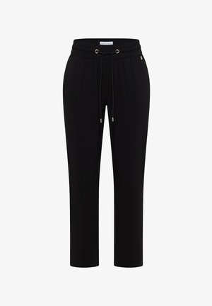 Czarne spodnie o prostych nogawkach z elastyczną talią i sznurkiem, z małymi metalowymi ozdobami na końcach sznurka.