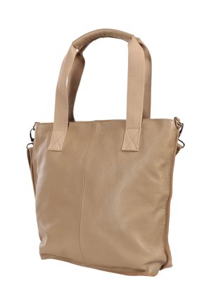 Beige leather handbag with two thick fabric handles and a detachable shoulder strap, shown against a white background.