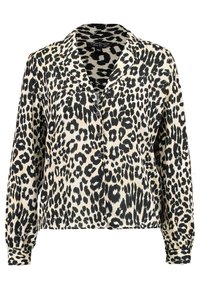 Blusa in stampa leopardata in crema e nero, con apertura frontale a bottoni, maniche lunghe con polsini abbottonati, tessuto morbido, vestibilità comoda.