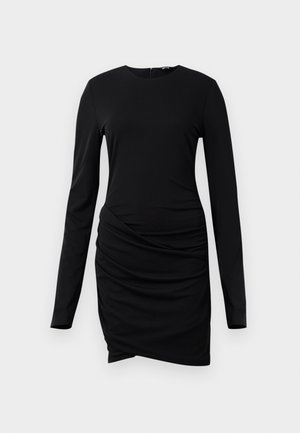 Black long-sleeve mini dress with round neckline and gathered detailing on the left side for a fitted silhouette.