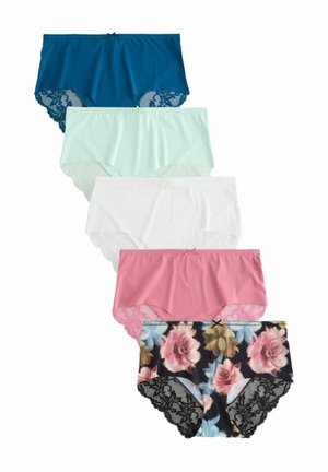Five pairs of women's panties in varying colors: dark blue, mint green, white, pink, and a floral pattern. Each has lace trim details.