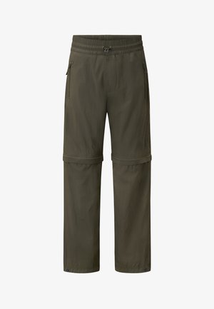 Olijfgroene lichtgewicht outdoorbroek met een elastische tailleband, ritszakken aan de zijkant en verstelbare mouwen voor veelzijdigheid. Afritsbare benensluiting.