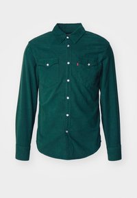 Camicia verde di velluto a coste a manica lunga con colletto appuntito, due tasche frontali, bottoni argentati e dettagli di cuciture visibili.
