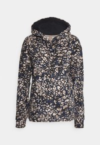 Pitkähihainen huppari, jossa on tummansininen pohja ja beige, valkoinen sekä vaaleansininen abstrakti roiske-kuvio, varustettu kiristettävällä hupulla.