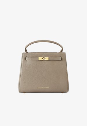 Taupe leather handbag with a single top handle, gold-tone clasp, and small gold feet, rectangular shape with structured sides.