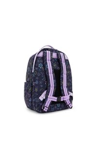Zaino viola e nero con design a stelle e motivi, spallacci imbottiti e più scomparti per la conservazione. Costruzione in tessuto resistente.