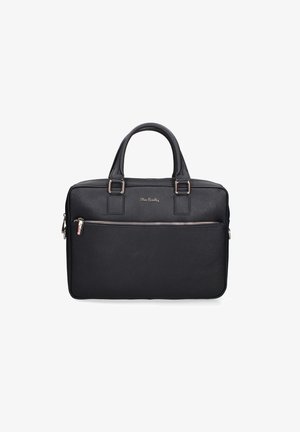 Black faux leather laptop bag with double handles, front zip pocket, and gold-tone hardware accents. Rectangular shape with smooth texture.