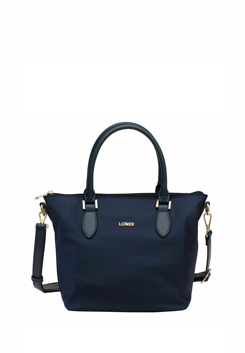 Borsa a tracolla blu navy realizzata in nylon, con due manici corti, una tracolla removibile, accessori in metallo dorato e chiusura con zip.