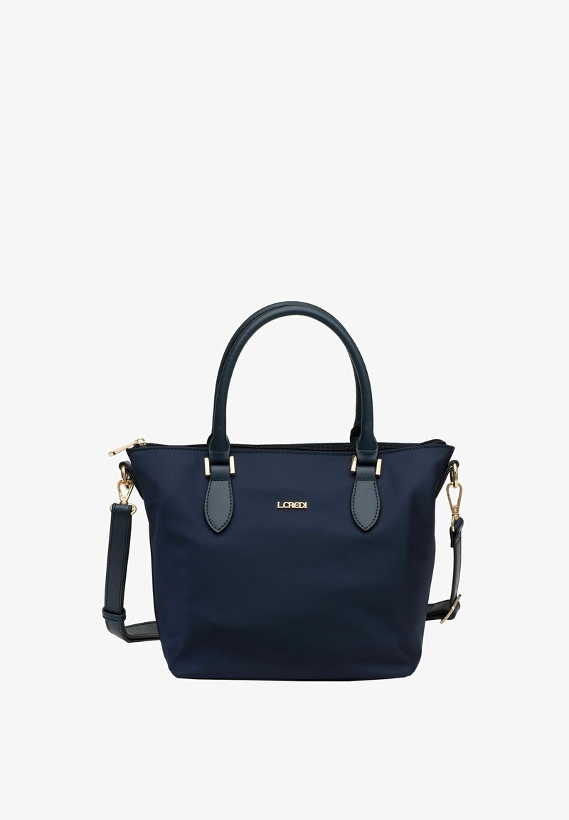 Borsa a tracolla blu navy realizzata in nylon, con due manici corti, una tracolla removibile, accessori in metallo dorato e chiusura con zip.