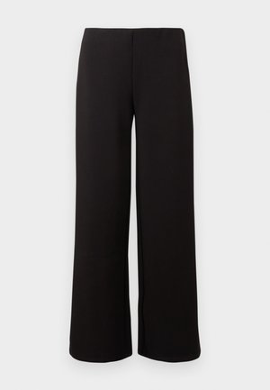 Schwarze weit geschnittene Hose aus weichem Stoff, mit glatter Textur und einem elastischen Bund für Komfort. Keine sichtbaren Muster oder Beschläge.