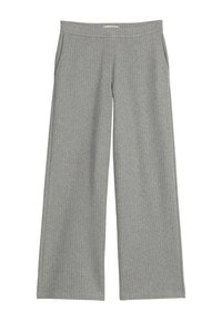Pantalon gris à jambes larges en tissu texturé, avec un motif côtelé vertical et des poches latérales. Taille élastique pour plus de confort et une meilleure tenue.