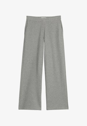 Grauweite Hosen mit weitem Bein aus strukturiertem Stoff, mit vertikalen Rippen und Seitentaschen. Elastischer Bund für Komfort und Passform.