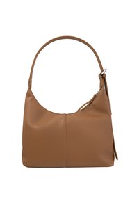 Pruun nahast õlakott kõveriku ülaosaga ja ühe rihmaga, millel on lukuga avamine ja sile, tekstureeritud pind.