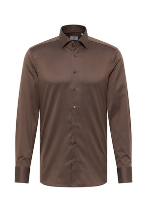 Langarmige bruine shirt met een subtiel geometrisch patroon, button-down kraag en bruine knopen, gemaakt van gladde stof met een frisse textuur.