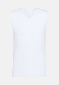 Witte mouwloze V-hals shirt met een eenvoudige voorkant en een aansluitende vorm, weergegeven tegen een neutrale grijze achtergrond.